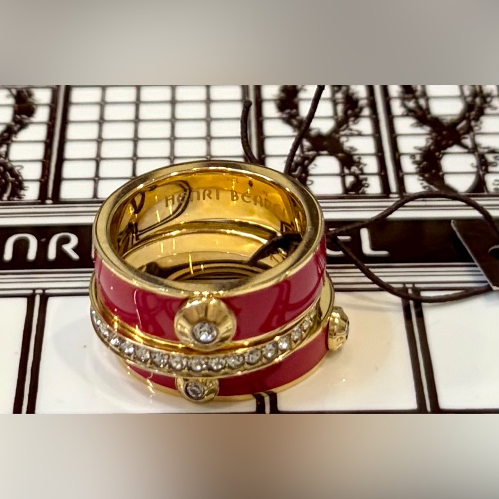 NWT HENRI BENDEL Pink Enamel and Gold Crystal-Trim Stackable Ring Size 7
